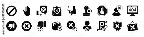 Rejection icon vector set. Contains forbidden, stop, thumbs down, dislike, return, button, stamp, declined partnership, message, 404, close signboard, block, disapproval, spam - illustration