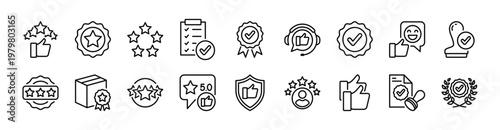 Quality control thin line icon set. Contains good feedback, five stars, thumbs up, certification, validation, badge, checkmark, approve, accept,  stamp, confirm, agree, guarantee, security - vector