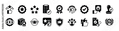 Quality control icon vector set. Contains good feedback, five stars, thumbs up, certification, validation, badge, checkmark, approve, accept,  stamp, confirm, agree, guarantee, security, product