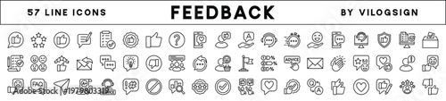 Customer feedback and satisfaction line icon set. Contains thumbs up, stars, happy faces, rating, review, testimonial, support, survey, evaluation, comment, opinion, response, social media. Vector