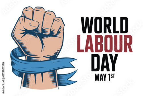 World Labour Day May 1st fist with blue ribbon illustration