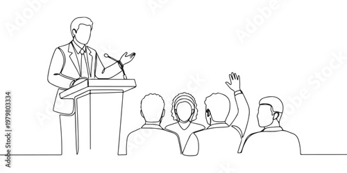 Public speaker at conference taking questions from audience continuous line drawing.