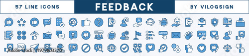 Set of customer feedback and satisfaction icon. Contains thumbs up, stars, happy faces, rating, review, testimonial, support, survey, evaluation, comment, opinion, response, social media. Vector