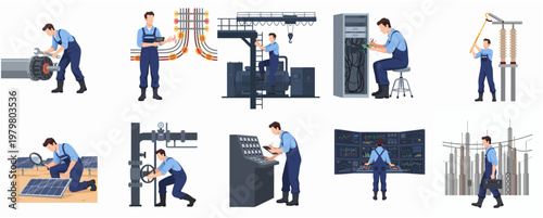 Flat Style Detailed Technician and Industrial Workers in Various Operational Scenarios Illustration