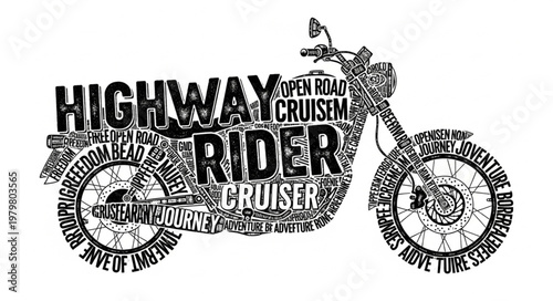 Motorcycle formed from words and text.