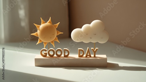 Good day decorative sign with sun and cloud icons.