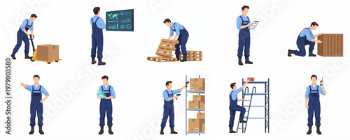Flat Style Full Body Poses of Warehouse Worker in Different Activities