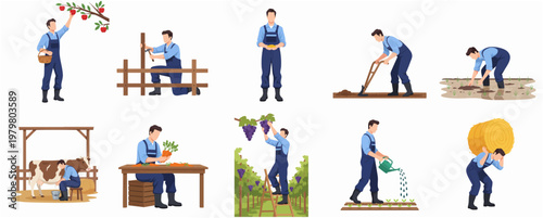 Flat Illustration Set of Farmer in Different Agriculture Activities and Professions