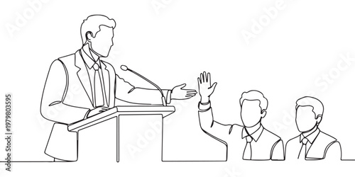 Continuous one line drawing of a professional speaker at podium with an audience member raising hand, vector illustration, Vector illustration