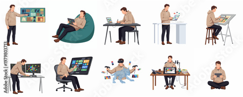 Various Lifestyle Illustration of a Young Man Engaged in Different Activities