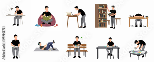 Simple Flat Style Illustration of Man Doing Different Activities At Home