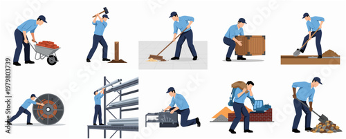 Flat Illustration of Manual Worker Activity in Various Action and Equipment
