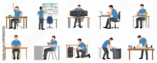 Flat Style Detailed Man Working in Office Various Poses Illustration