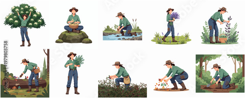 Rustic Handdrawn Diverse Woman Gardening and Harvesting Illustration Asset Collection