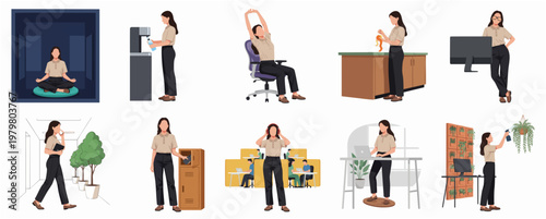 Flat Style Diverse Employee Doing Activities in The Modern Office Illustration Set
