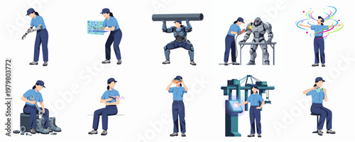 Flat Style Industrial Woman Worker in Various Poses and Professions Illustration