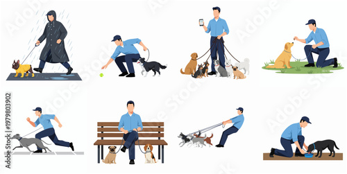 Flat Style Detailed Dog Walker Activity Set Character Design Illustration