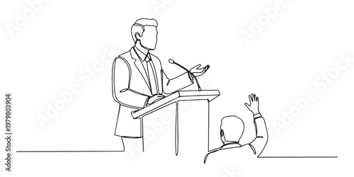 Continuous one line drawing of a professional speaker at podium with an audience member raising hand, vector illustration, Vector illustration