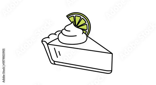Slice of lime pie with whipped cream and lime wedge, simple line drawing