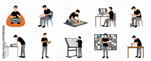 Stylized Flat Illustration of Man Working in Various Poses and Environments