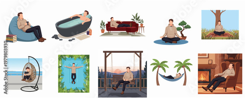 Relaxing Lifestyle Collection of Man Resting in Various Comfortable Poses and Places