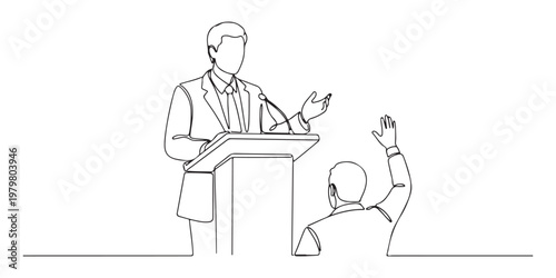 Continuous one line drawing of a professional speaker at podium with an audience member raising hand, vector illustration, Vector illustration