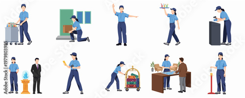 Flat Design Detailed Hotel Staff Character Illustration Collection Set