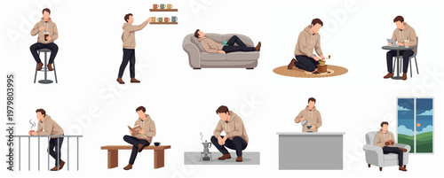 Illustrated Minimalist Man Various Poses Doing Different Activities Lifestyle Set