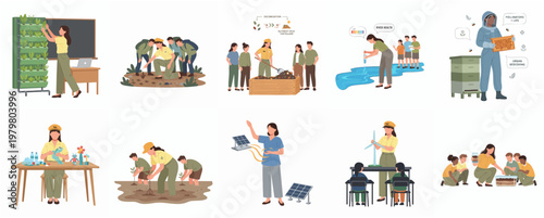 Diverse Flat Illustration Set of Science and Green Technology Education