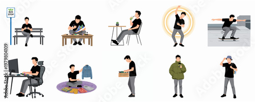 Flat Design Various Lifestyle of Young Adult Man Isolated Illustration Set