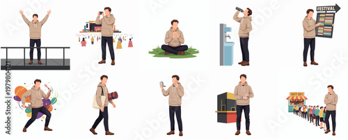 Diverse Lifestyle Depictions of a Person in Various Poses and Activities Illustration