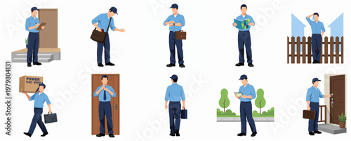 Set of Illustration Postman Delivery Courier in Different Action Isolated on White