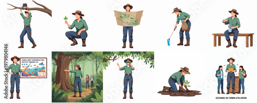 Illustrated Lifestyle Various Activities of Female Park Ranger with Green Uniform Icon Set