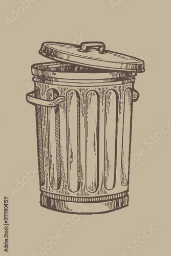 Classic Metal Trash Can with Lid in Vintage Sketch Style