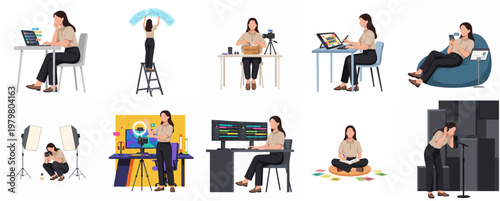 Diverse Flat Illustration of Female Content Creator Working in Various Settings