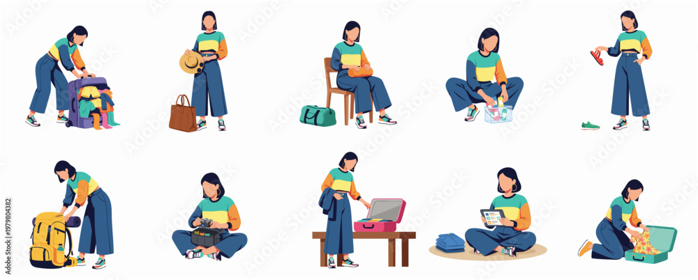Fototapeta premium Flat Illustration Set of Female Traveler Preparing for a Trip