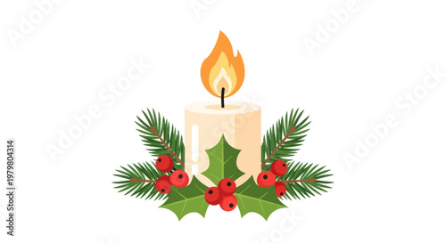 Christmas Candle with Holly Berries and Pine Needles