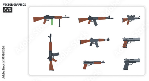 Collection of Modern Assault Rifles and Pistols, Vector Graphics