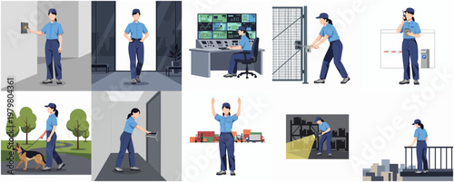 Flat Illustration of Security Guard in Various Poses and Work Scenarios