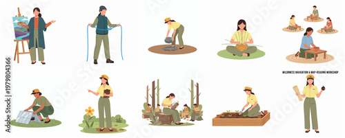 Flat Style Woman Doing Different Activities in Nature Illustrations Set