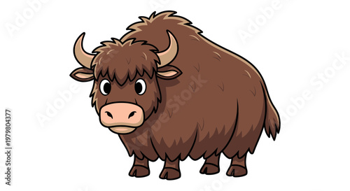 Cute cartoon yak illustration, fluffy brown animal with horns, isolated on white background.