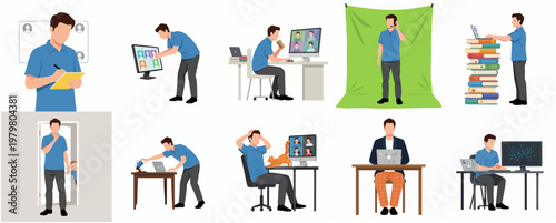 Minimalist Flat Design Set of Man Working From Home Illustration