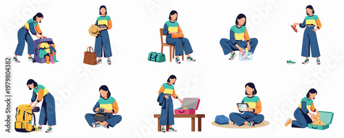 Flat Illustration Set of Female Traveler Preparing for a Trip