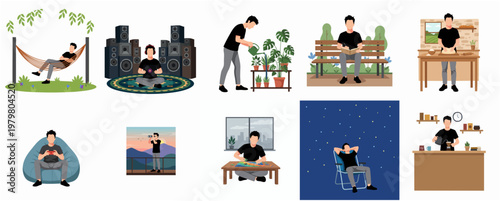 Flat Illustration Collection Man in Various Activities and Relaxing Lifestyle