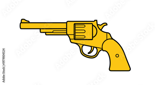 Golden Revolver Gun Silhouette, Vintage Weapon Icon, Isolated on White Background