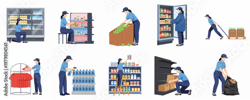 Flat Illustration Various Supermarket Staff Activity Posing, Shelving and Store Maintenance