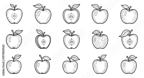 Hand-drawn Apple Collection: Whole and Halved Fruits with Leaves - Sketch Style
