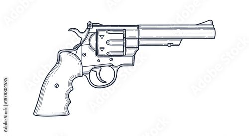 Handgun illustration, revolver drawing, vintage weapon sketch, isolated on white background