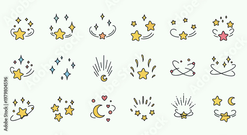 Hand-Drawn Star Sparkle Icons and Symbols Set