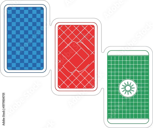 Illustration of three playing card backs in blue red and green colors with various textures.